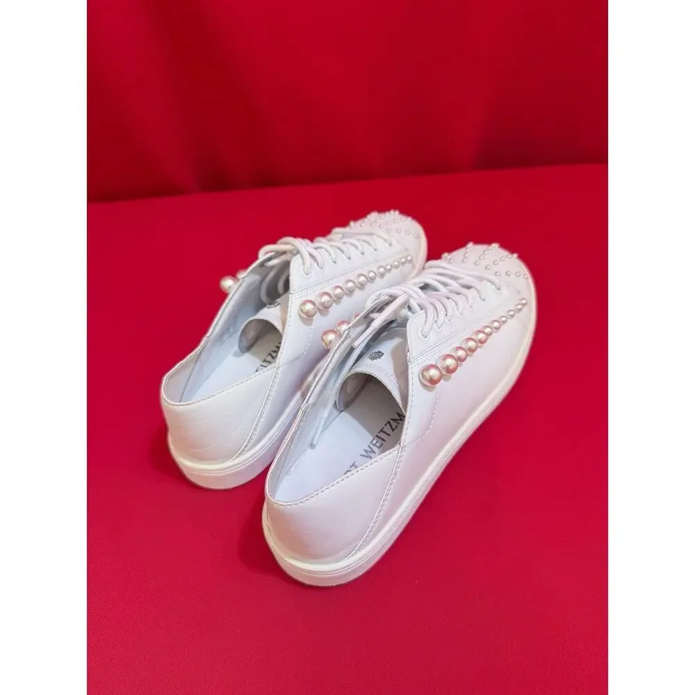 New US Sz 9 ❤️ Stuart Weitzman White Leather Lace-up Pearl Sneakers